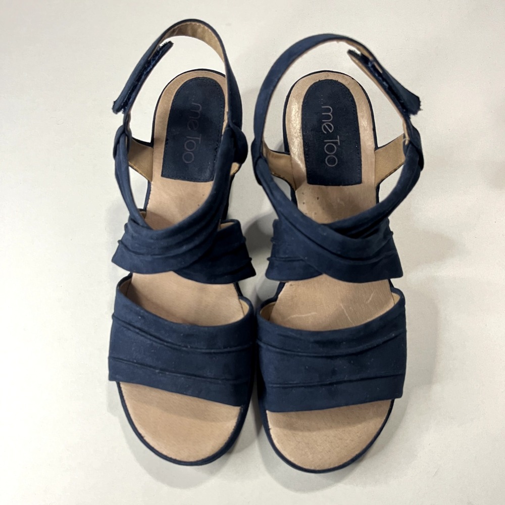 Me Too Aria Womens Suede Sandals 9M Navy Strappy Block Heel Comfort Casual Coast